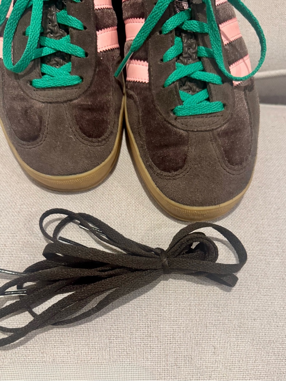 adidas Brown Suede Gazelle Sneakers with Pink Stripes and Green Accents - Picture 7 of 7